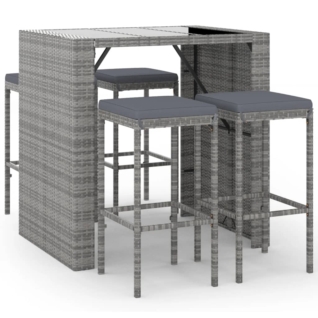 vidaXL 5-tlg. Gartenbar-Set mit Kissen Grau Poly Rattan