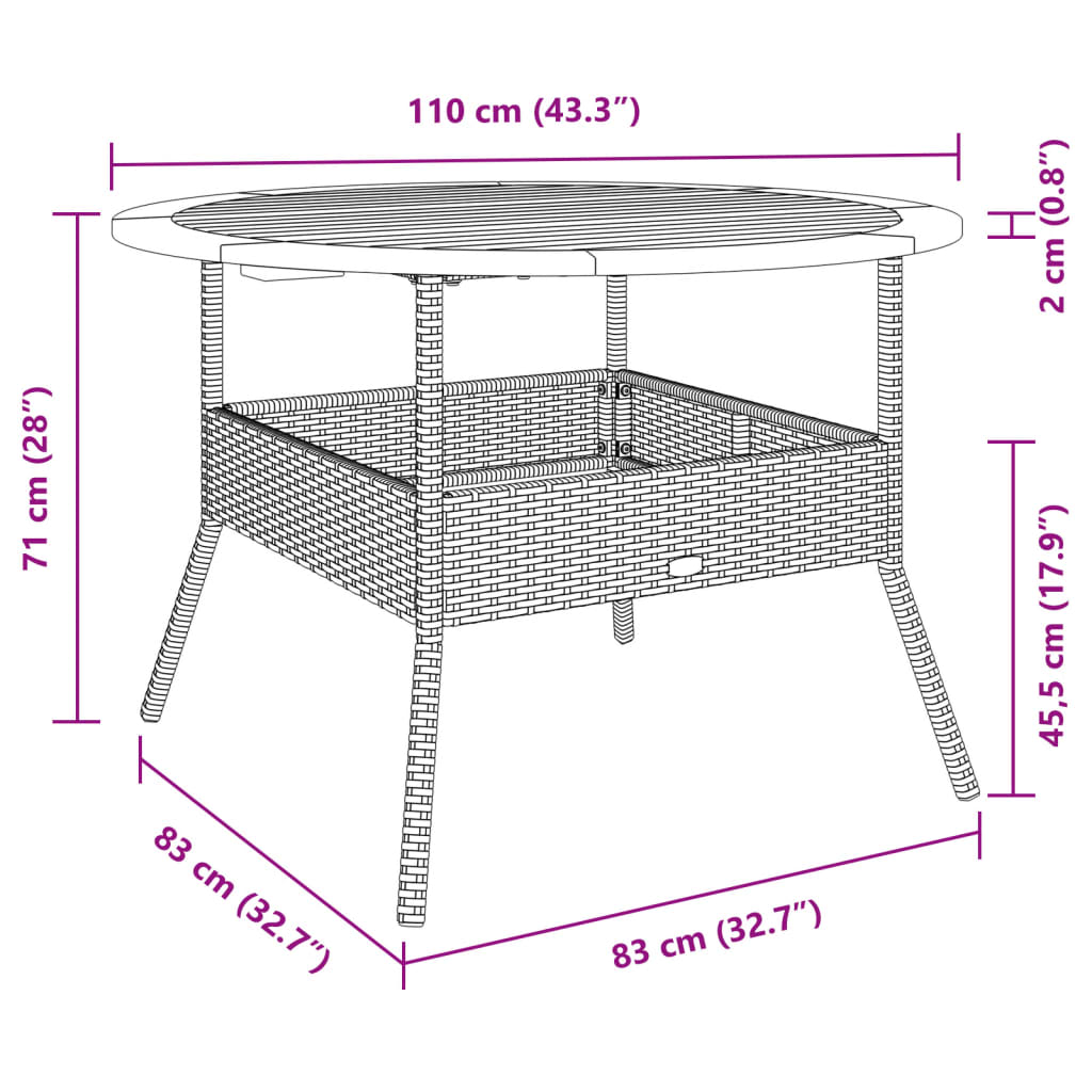 vidaXL Gartentisch mit Holzplatte Beige Ø110x71 cm Poly Rattan