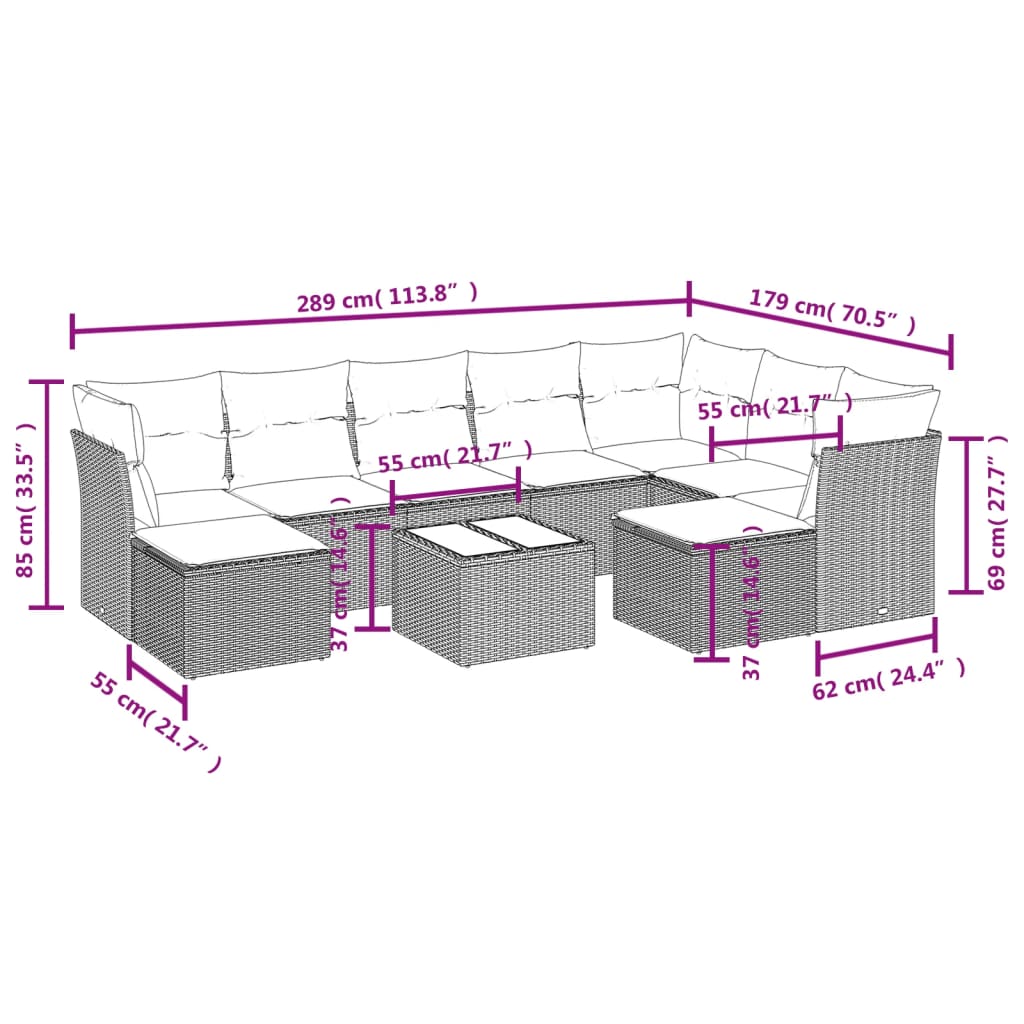 vidaXL 10-tlg. Garten-Sofagarnitur mit Kissen Schwarz Poly Rattan