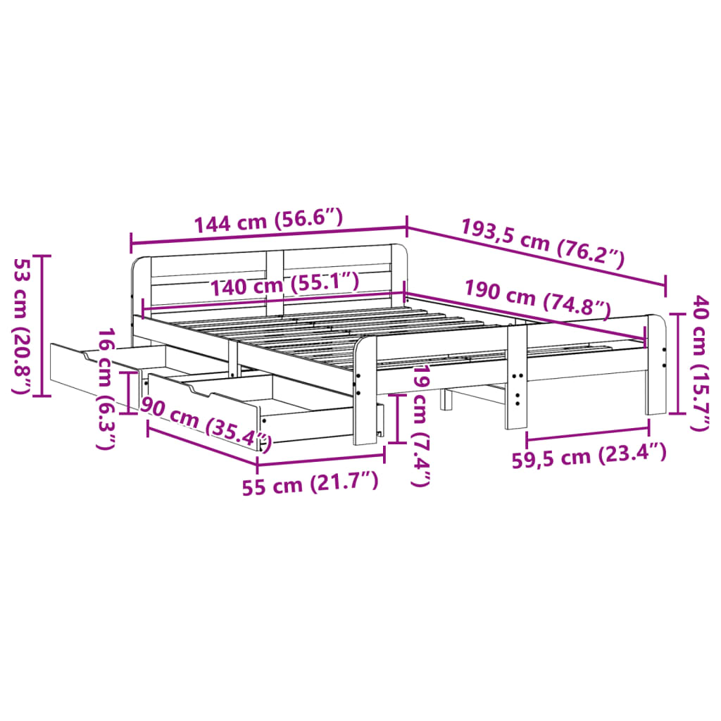 vidaXL Massivholzbett ohne Matratze 140x190 cm Kiefernholz