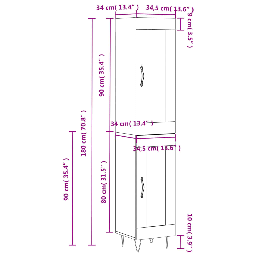 vidaXL Highboard Betongrau 34,5x34x180 cm Holzwerkstoff