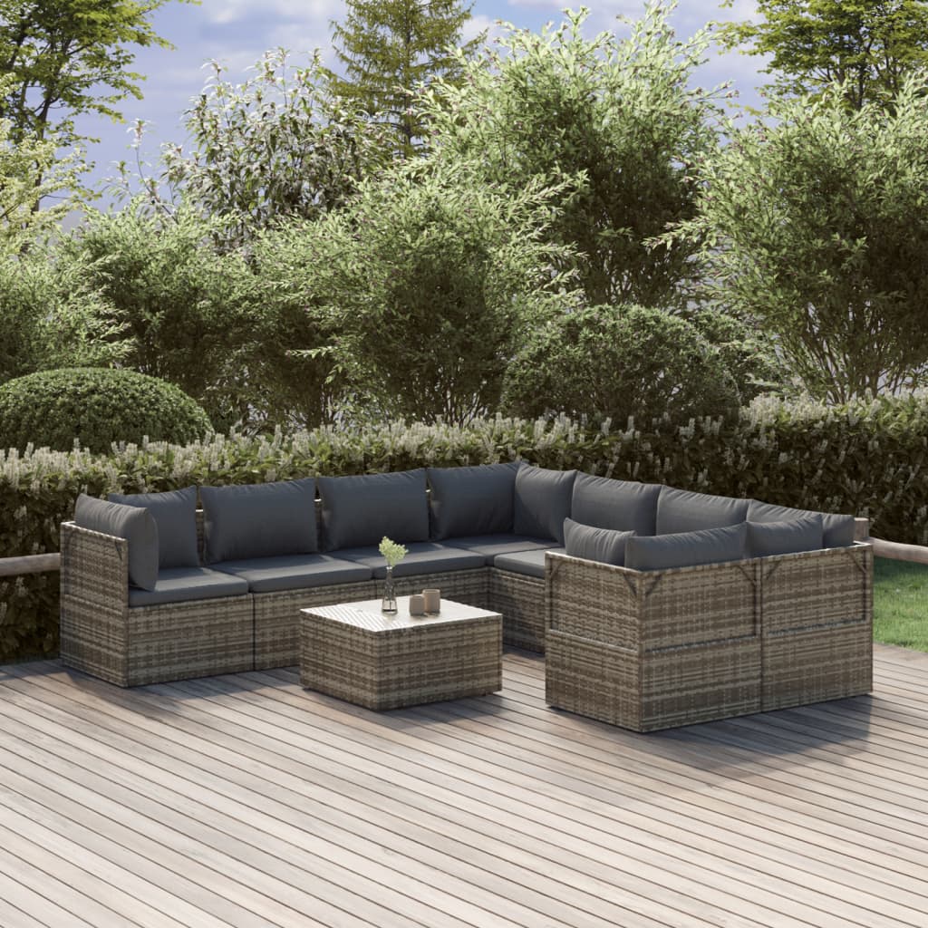 vidaXL 9-tlg. Garten-Lounge-Set mit Kissen Grau Poly Rattan