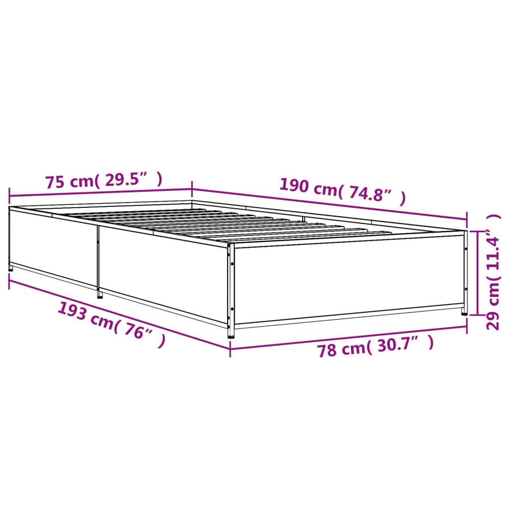 vidaXL Bettgestell Sonoma-Eiche 75x190 cm Holzwerkstoff und Metall