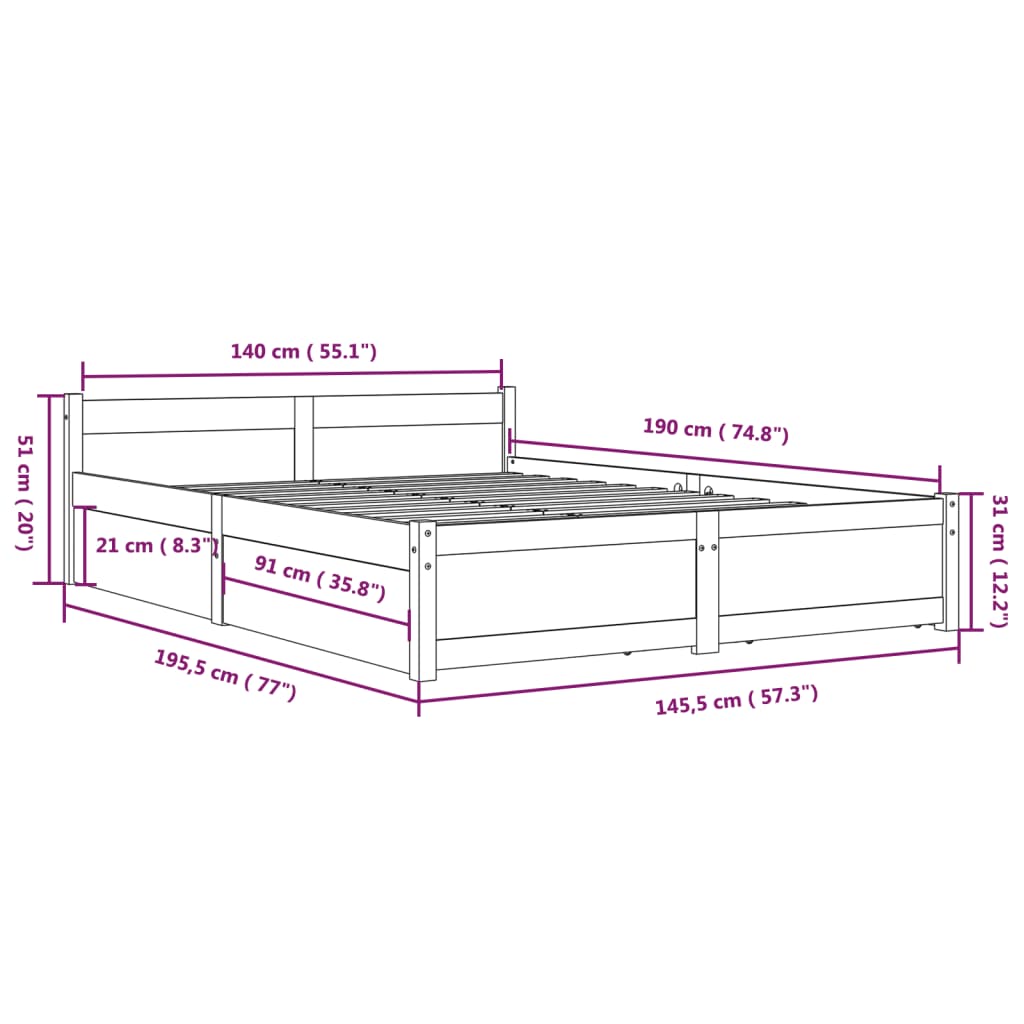 vidaXL Bett mit Schubladen Schwarz 140x190 cm