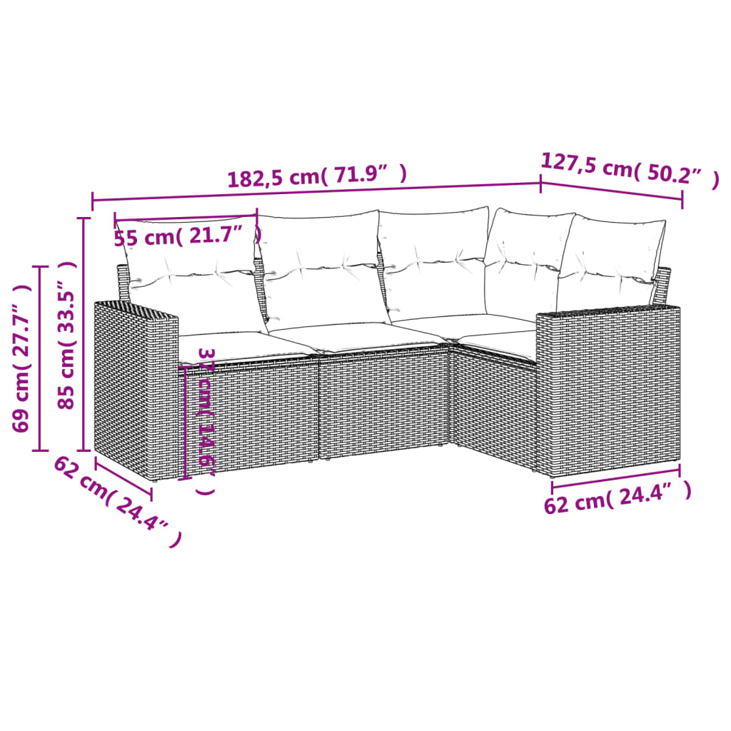 vidaXL 4-tlg. Garten-Sofagarnitur mit Kissen Schwarz Poly Rattan