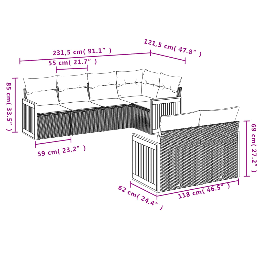 vidaXL 7-tlg. Garten-Sofagarnitur mit Kissen Beige Poly Rattan