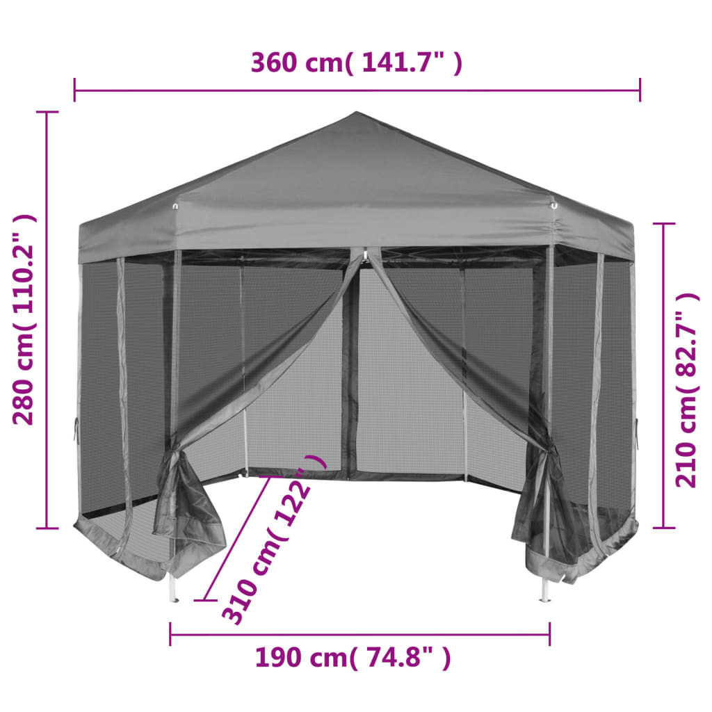 vidaXL Hexagonal Pop-Up Zelt mit 6 Seitenwänden Grau 3,6x3,1 m