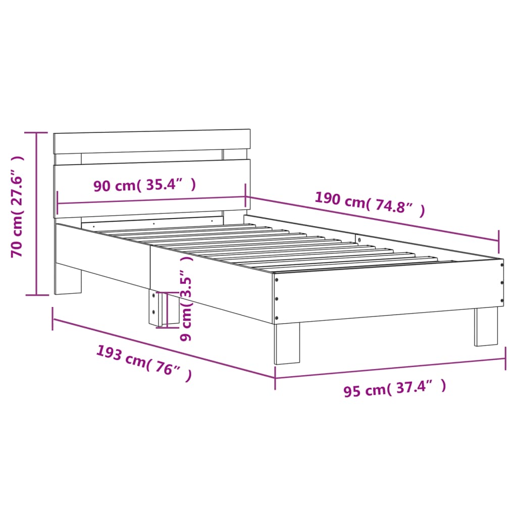 vidaXL Bettgestell mit Kopfteil und LED-Leuchten Betongrau 90x190 cm