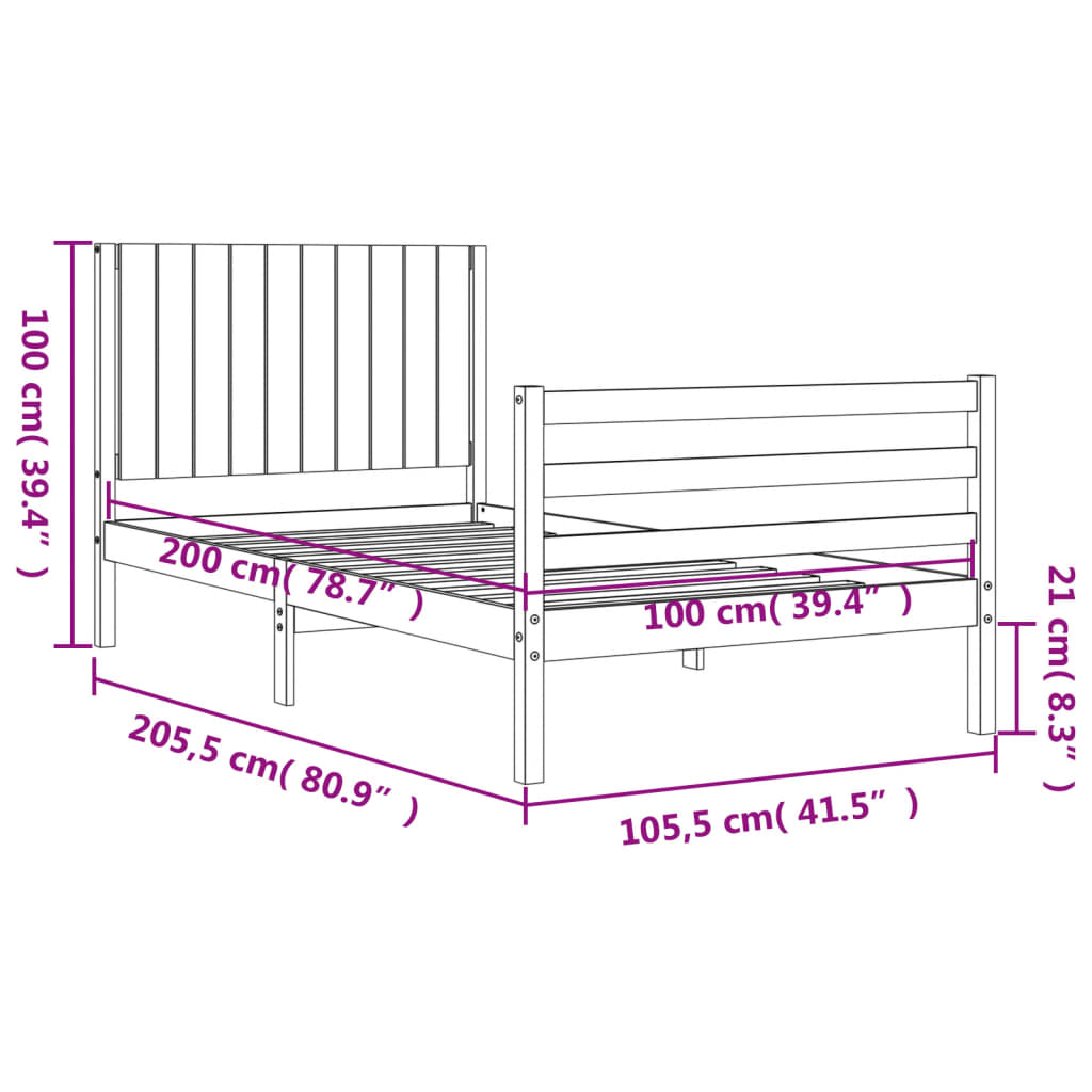 vidaXL Massivholzbett mit Kopfteil 100x200 cm