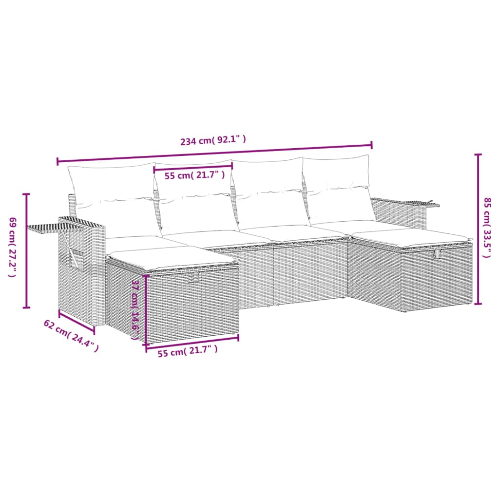 vidaXL 6-tlg. Garten-Sofagarnitur mit Kissen Grau Poly Rattan