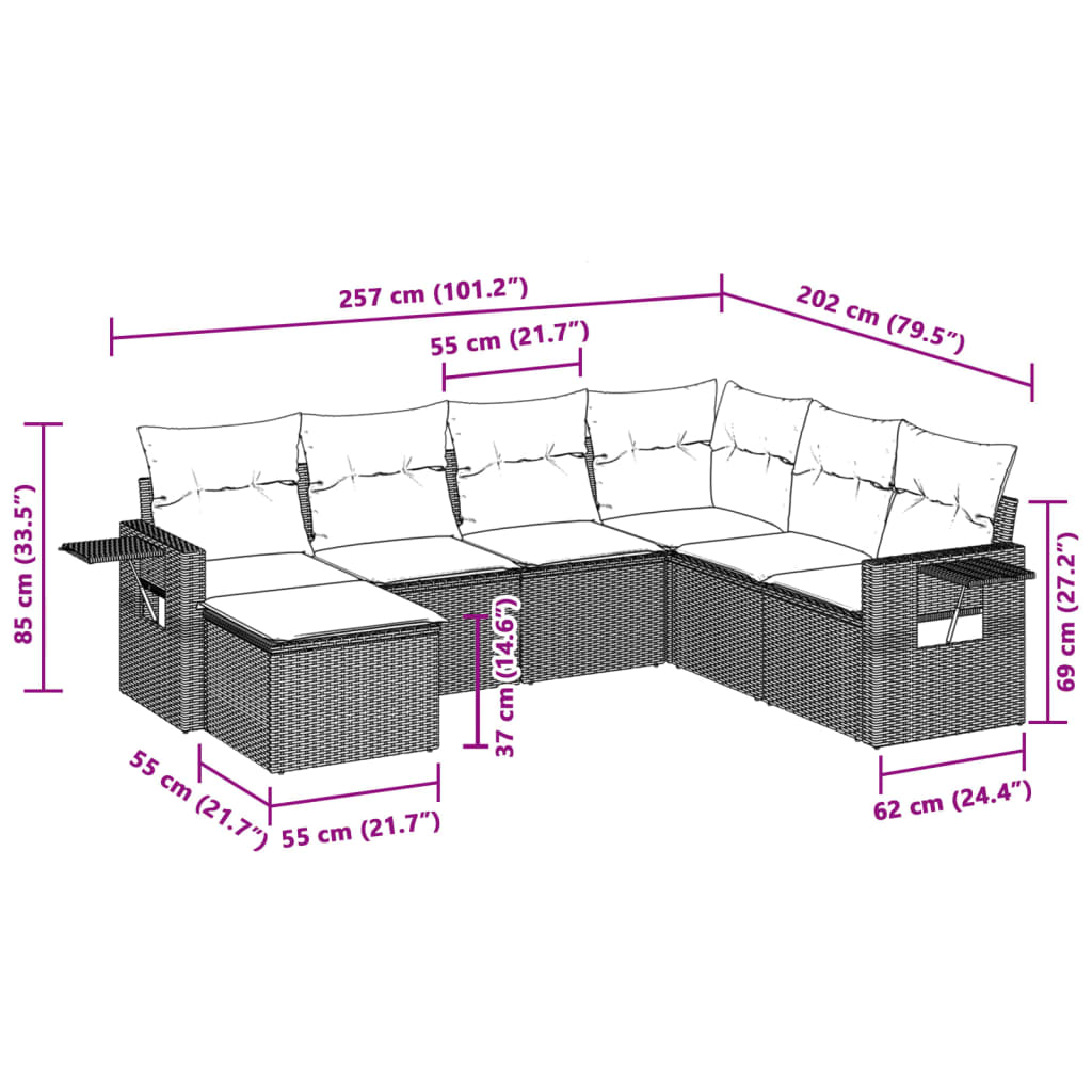 vidaXL 7-tlg. Garten-Sofagarnitur mit Kissen Hellgrau Poly Rattan