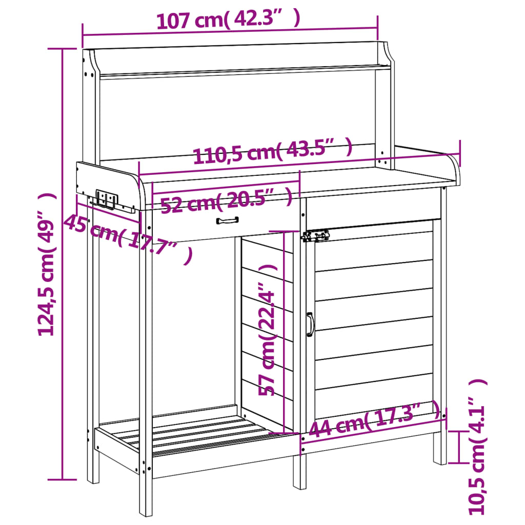 vidaXL Pflanztisch mit Schrank 110,5x45x124,5 cm Massivholz Tanne