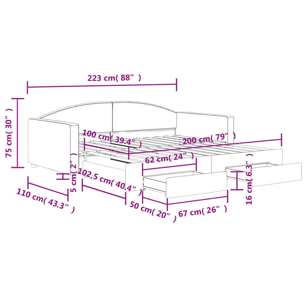 vidaXL Tagesbett Ausziehbar mit Schubladen Schwarz 100x200 cm Stoff