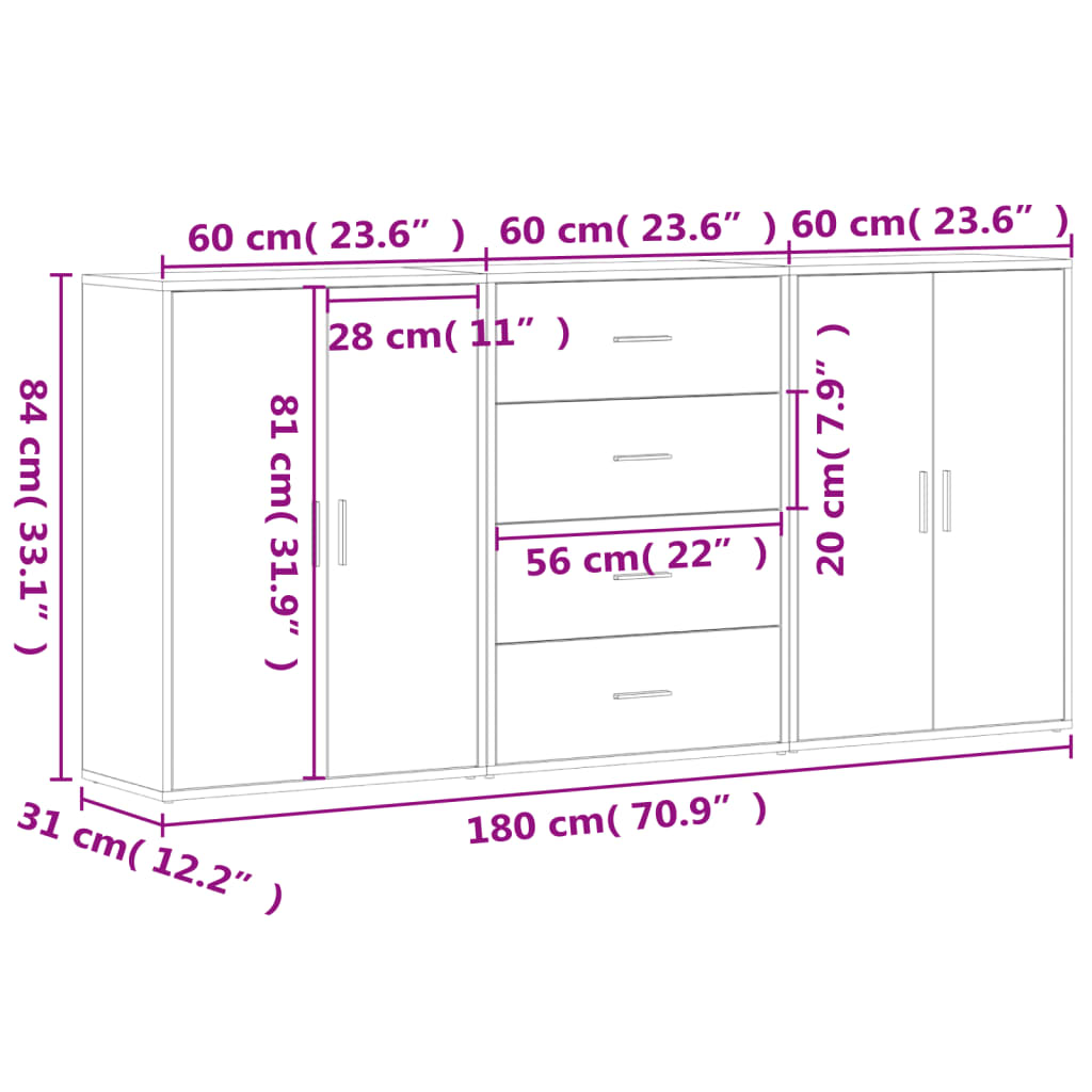 vidaXL Sideboards 3 Stk. Schwarz 60x31x84 cm Holzwerkstoff