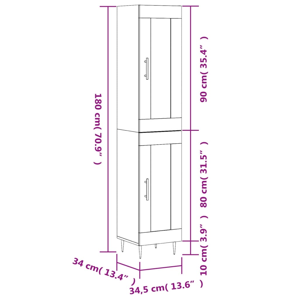 vidaXL Highboard Hochglanz-Weiß 34,5x34x180 cm Holzwerkstoff