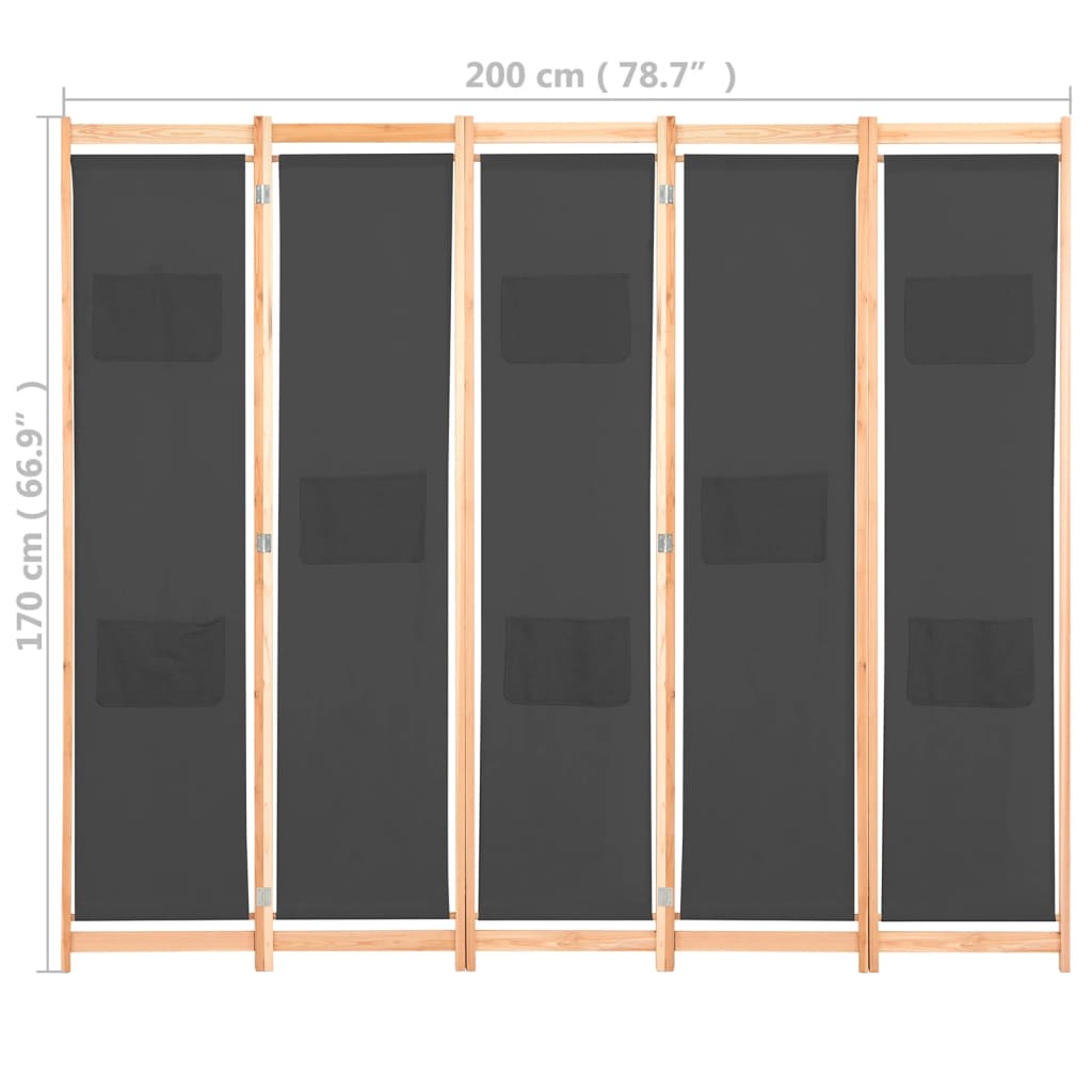 vidaXL 5-teiliger Raumteiler Grau 200 x 170 x 4 cm Stoff