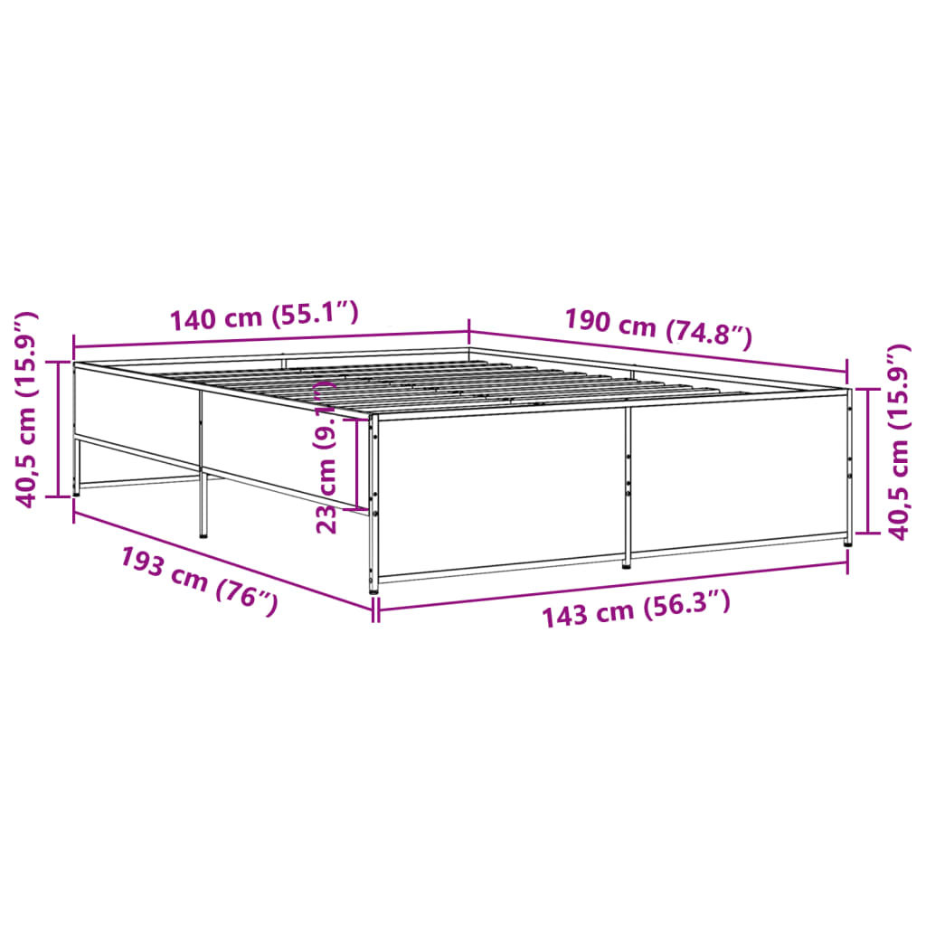 vidaXL Bettgestell Räuchereiche 140x190 cm Holzwerkstoff und Metall