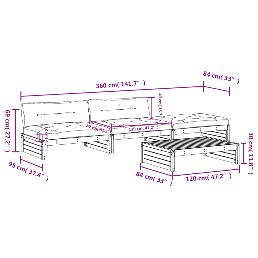 vidaXL 4-tlg. Garten-Lounge-Set mit Kissen Grau Massivholz