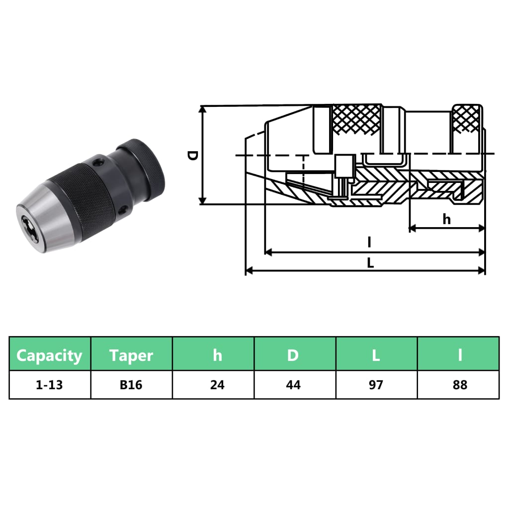 vidaXL Schnellspannbohrfutter MT2-B16 mit 13 mm Spannbereich