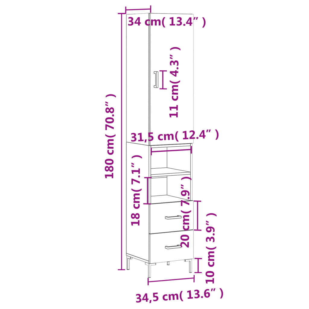 vidaXL Highboard Grau Sonoma 34,5x34x180 cm Holzwerkstoff