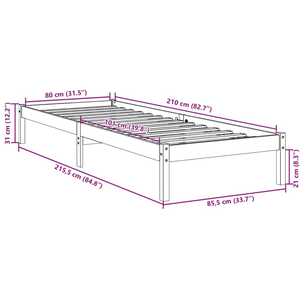 vidaXL Massivholzbett Extra Lang ohne Matratze 80x210 cm Kiefernholz