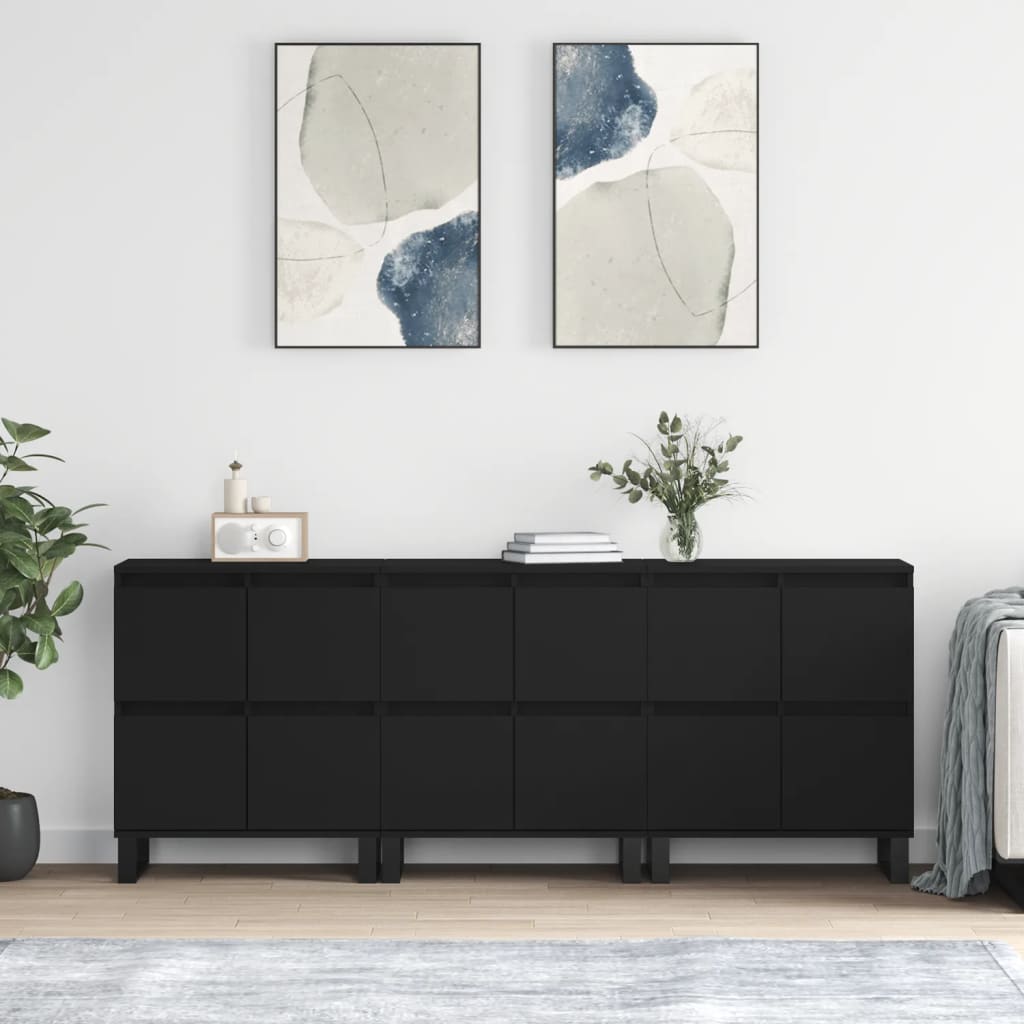 vidaXL Sideboards 3 Stk. Schwarz Holzwerkstoff