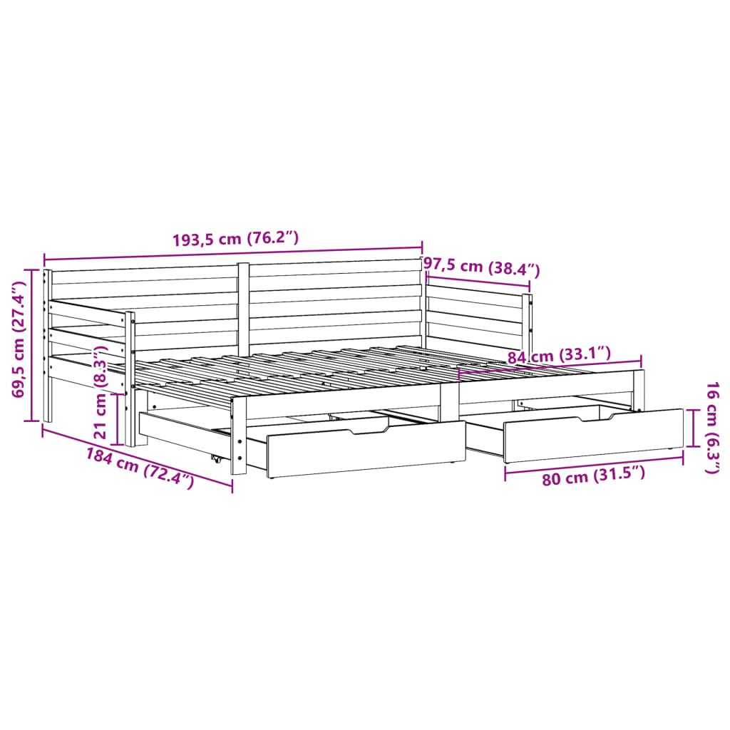 vidaXL Tagesbett Ausziehbar mit Schubladen Weiß 90x190 cm Kiefernholz