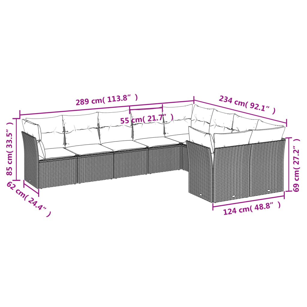 vidaXL 9-tlg. Garten-Sofagarnitur mit Kissen Braun Poly Rattan