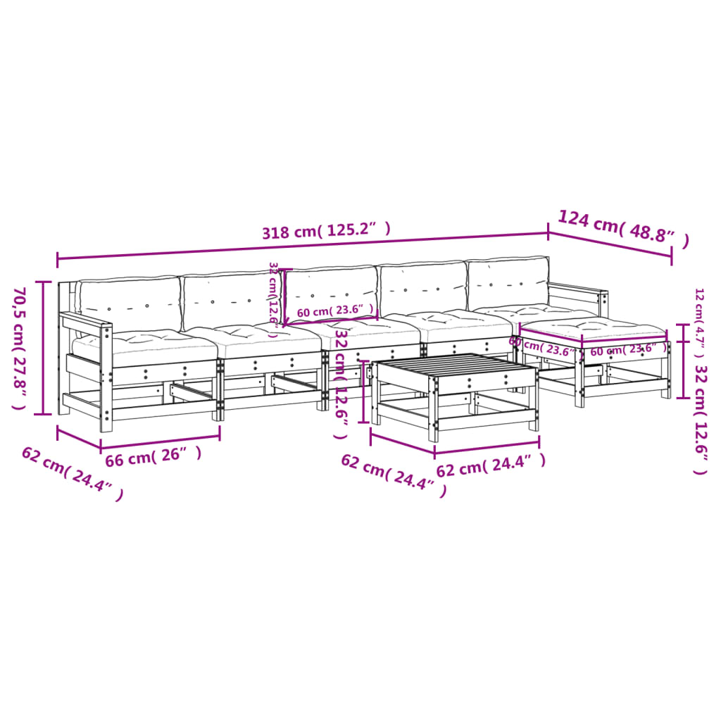 vidaXL 7-tlg. Garten-Lounge-Set mit Kissen Schwarz Massivholz