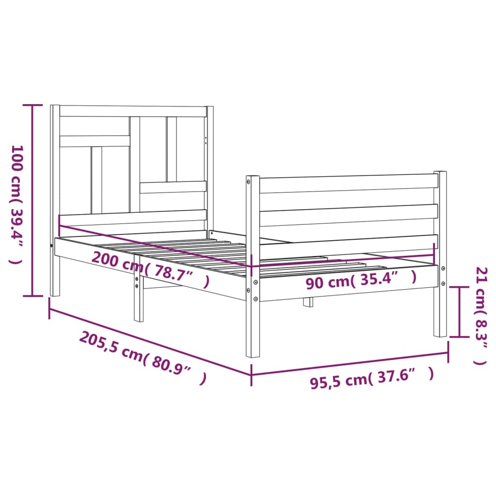 vidaXL Massivholzbett mit Kopfteil Weiß 90x200 cm