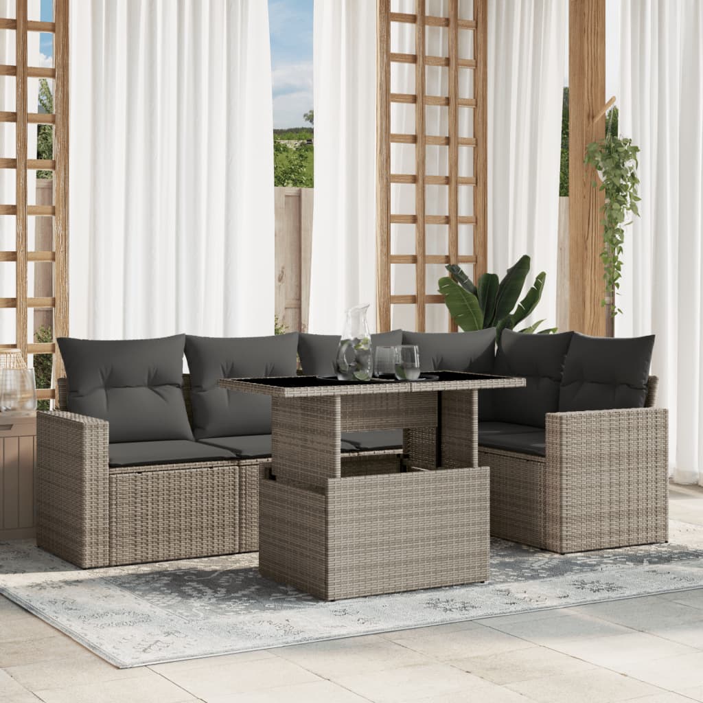 vidaXL 6-tlg. Garten-Sofagarnitur mit Kissen Hellgrau Poly Rattan