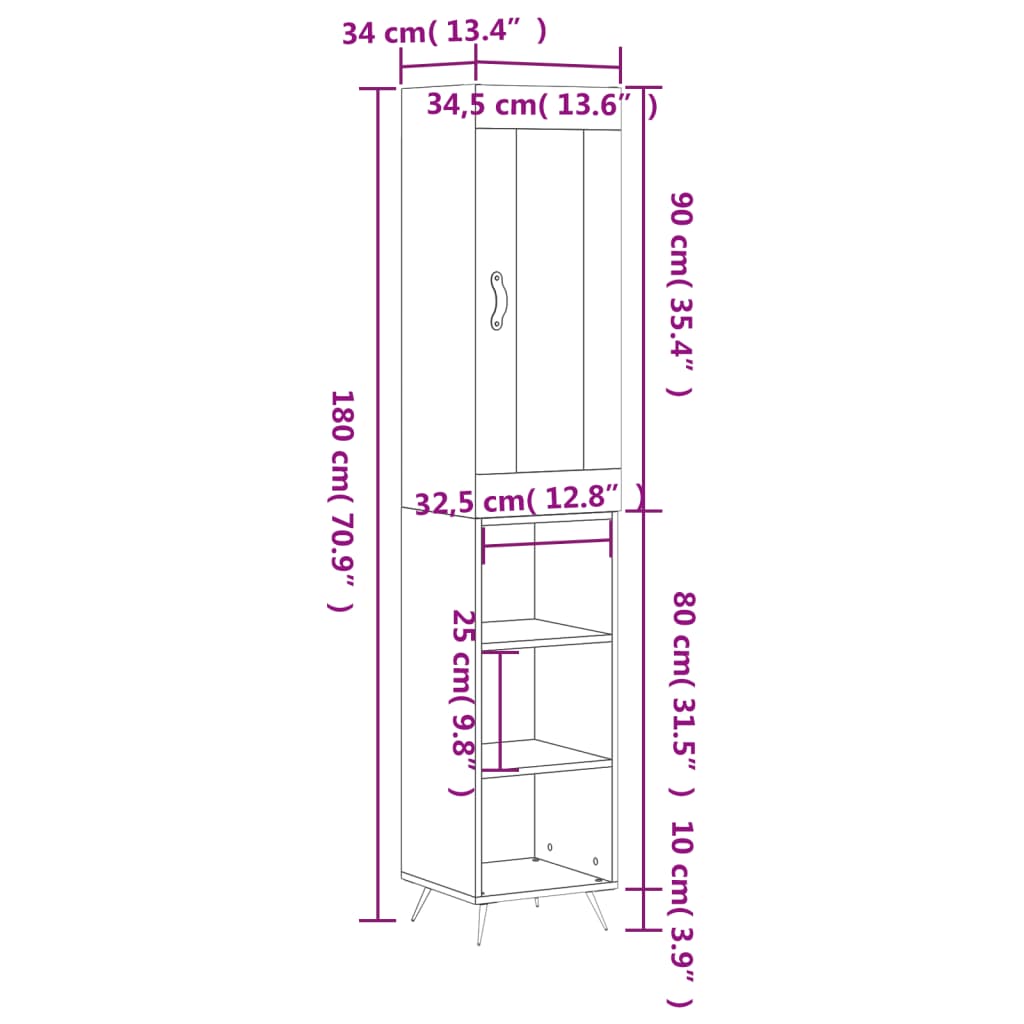 vidaXL Highboard Hochglanz-Weiß 34,5x34x180 cm Holzwerkstoff