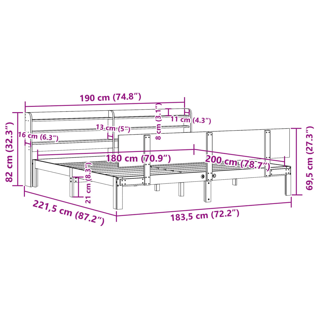 vidaXL Bettgestell mit Kopfteil ohne Matratze Weiß 180x200 cm