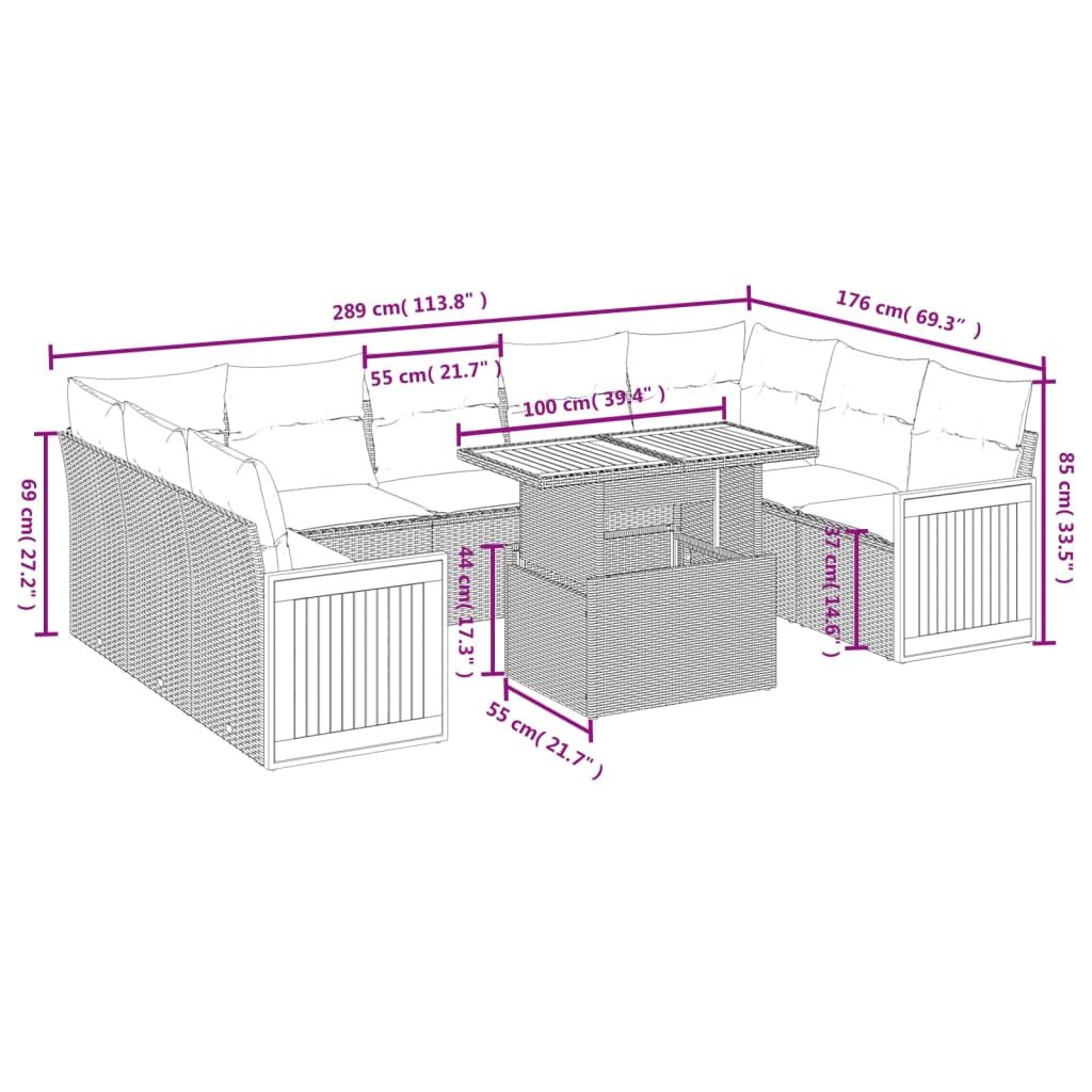 vidaXL 10-tlg. Garten-Sofagarnitur mit Kissen Schwarz Poly Rattan