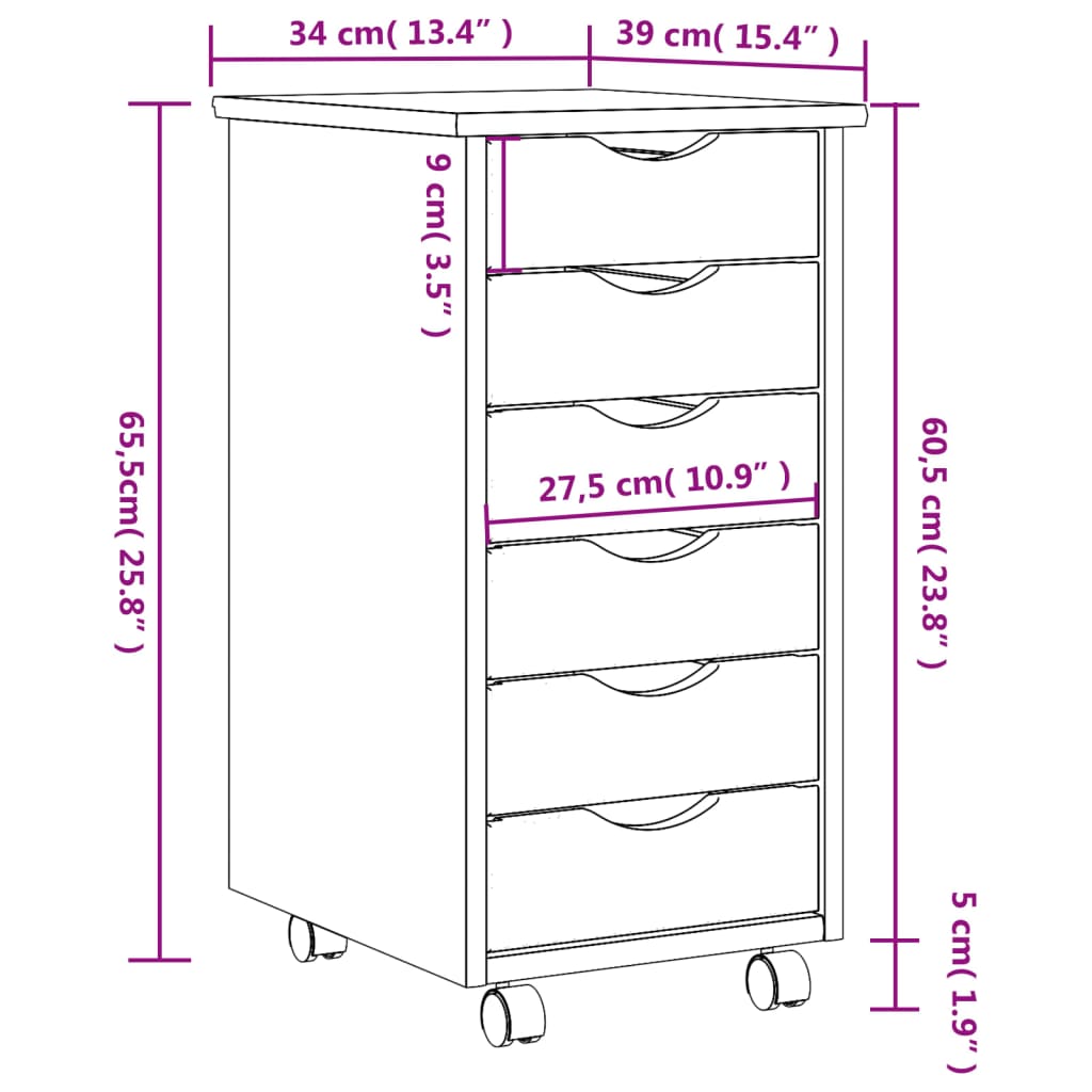 vidaXL Rollschrank mit Schubladen MOSS Honigbraun Massivholz Kiefer