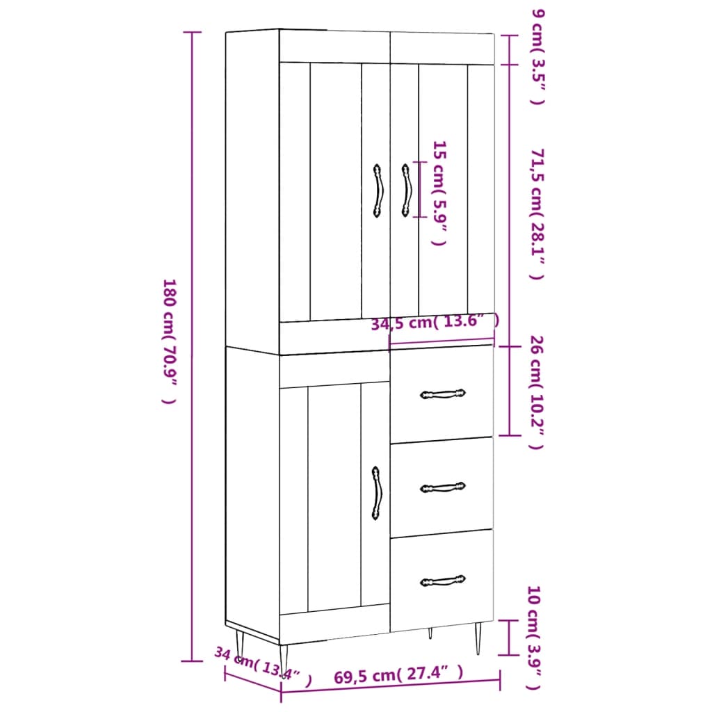 vidaXL Highboard Weiß 69,5x34x180 cm Holzwerkstoff