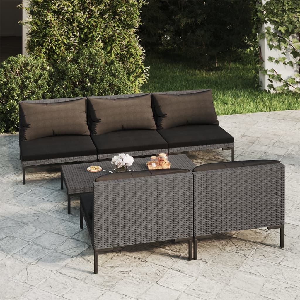 vidaXL 6-tlg. Garten-Lounge-Set mit Kissen Poly Rattan Dunkelgrau