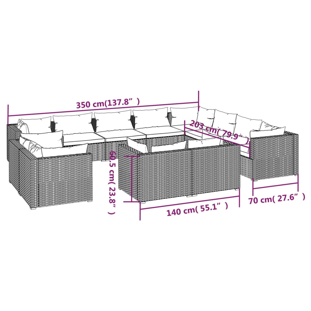 vidaXL 12-tlg. Garten-Lounge-Set mit Kissen Schwarz Poly Rattan