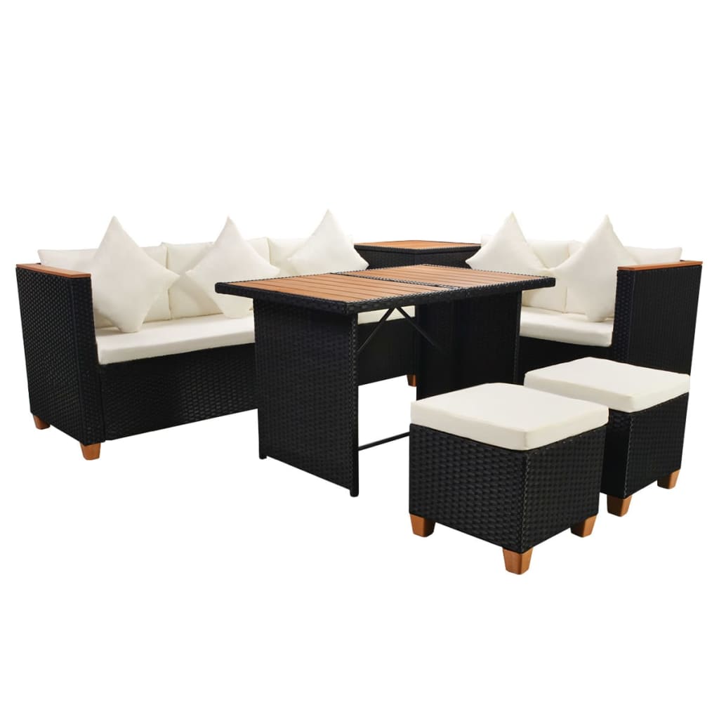 vidaXL 7-tlg. Garten-Lounge-Set mit Auflagen Poly Rattan Schwarz