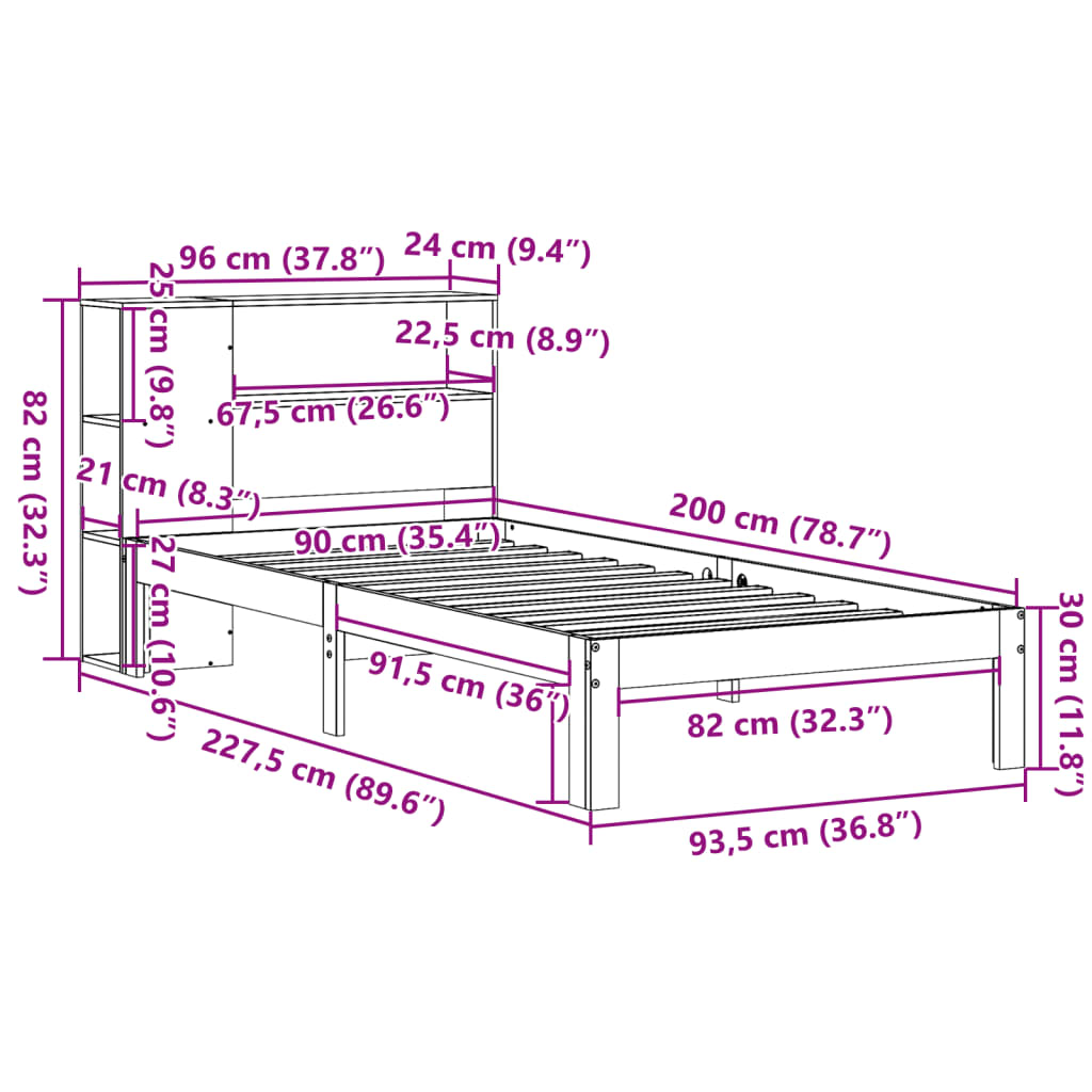 vidaXL Massivholzbett mit Regal ohne Matratze 90x200 cm Kiefer