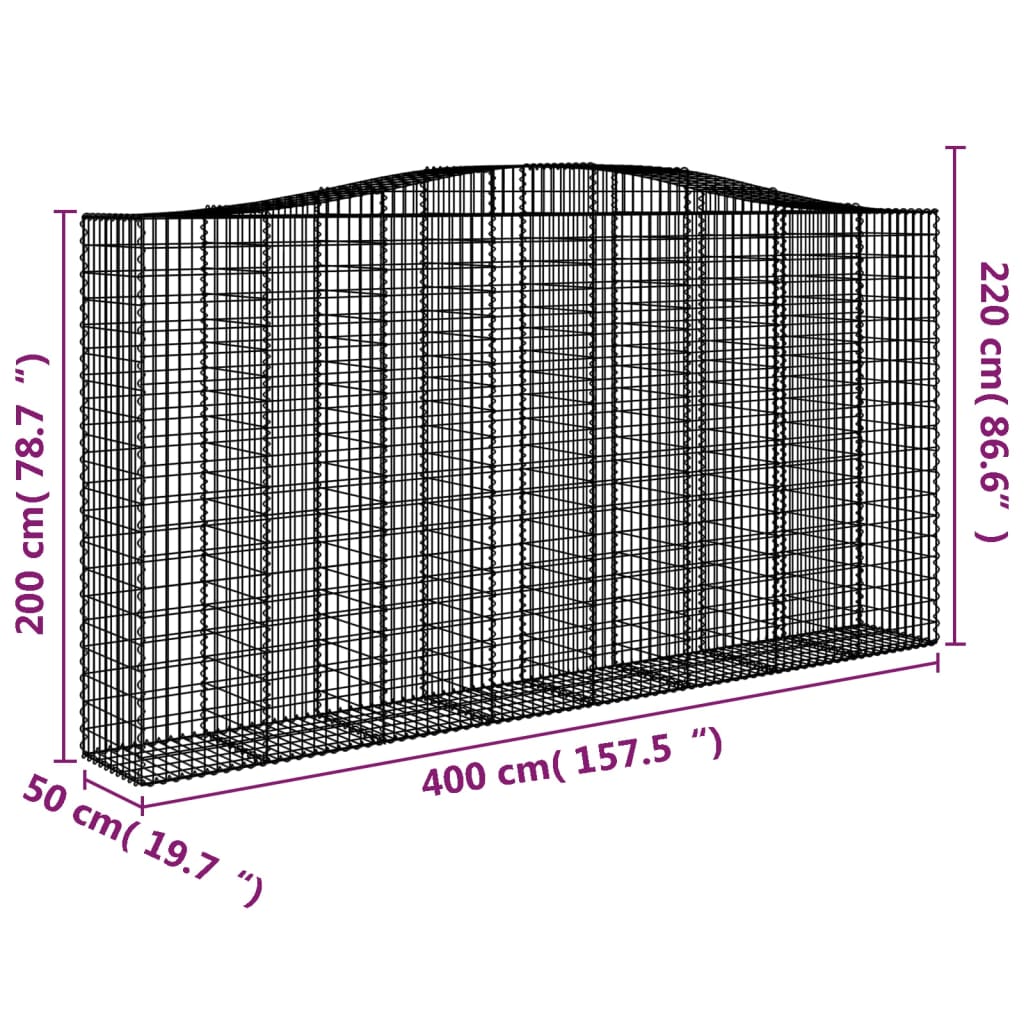 vidaXL Gabione mit Hochbogen 400x50x200/220 cm Verzinktes Eisen