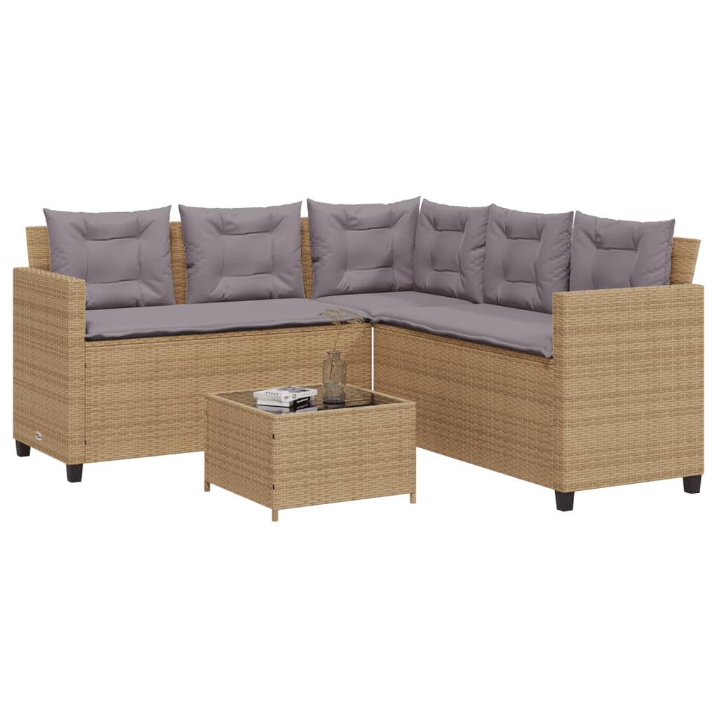 vidaXL Gartensofa in L-Form mit Tisch und Kissen Beige Poly Rattan