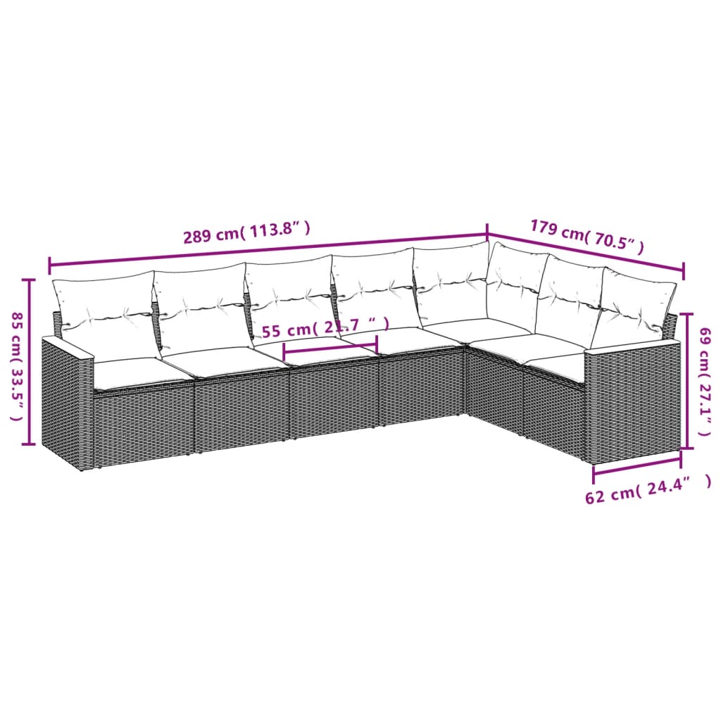 vidaXL 7-tlg. Garten-Sofagarnitur mit Kissen Schwarz Poly Rattan