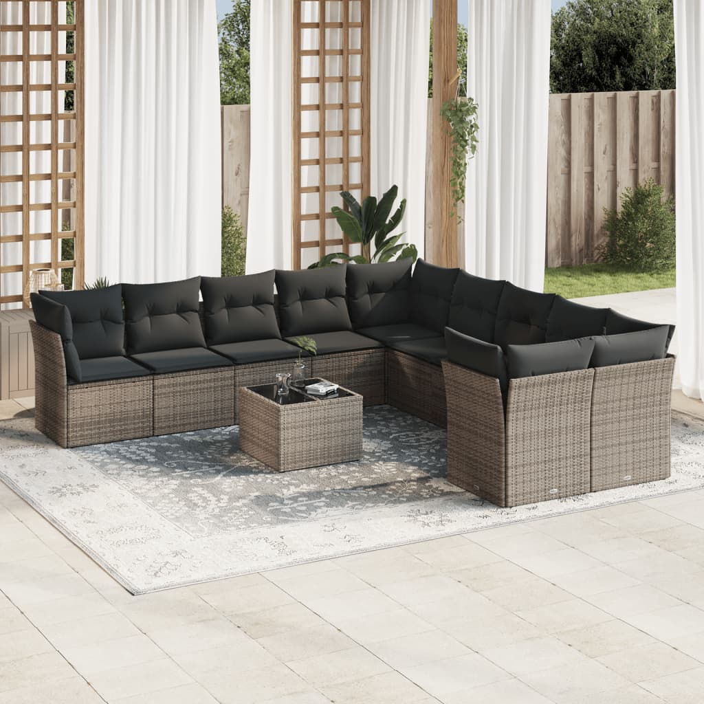 vidaXL 11-tlg. Garten-Sofagarnitur mit Kissen Grau Poly Rattan