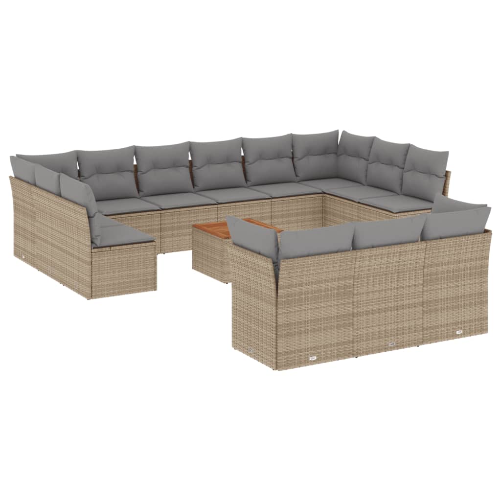 vidaXL 14-tlg. Garten-Sofagarnitur mit Kissen Beige Poly Rattan