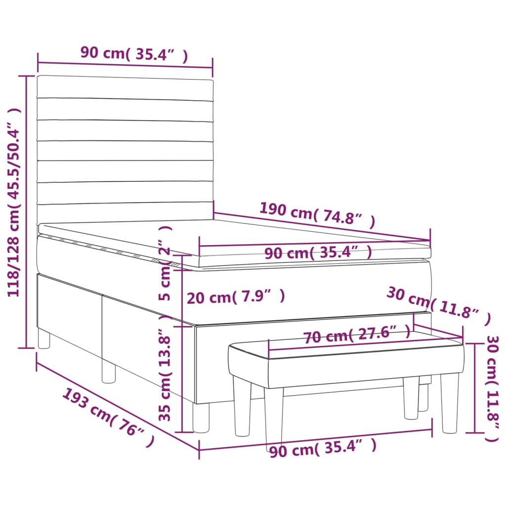 vidaXL Boxspringbett mit Matratze Hellgrau 90x190 cm Stoff