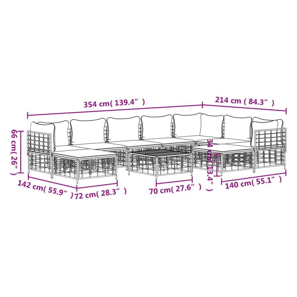 vidaXL 10-tlg. Garten-Lounge-Set mit Kissen Anthrazit Poly Rattan