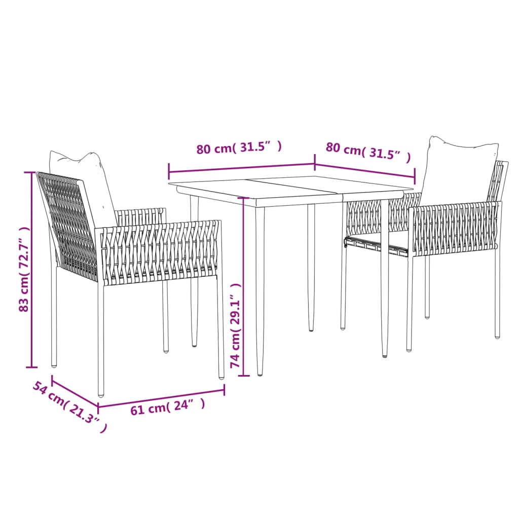 vidaXL 3-tlg. Garten-Essgruppe mit Kissen Poly Rattan und Stahl