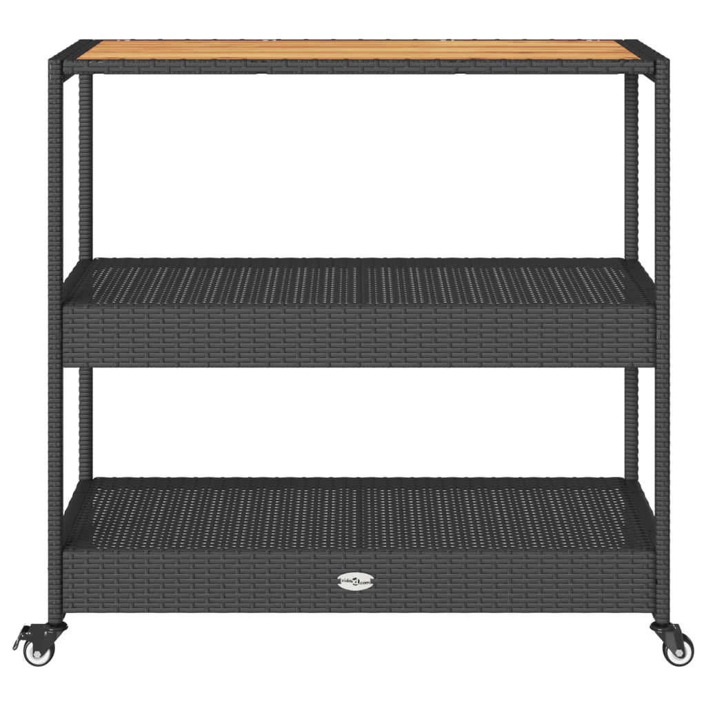 vidaXL Barwagen 3 Böden Schwarz Poly Rattan und Massivholz Akazie