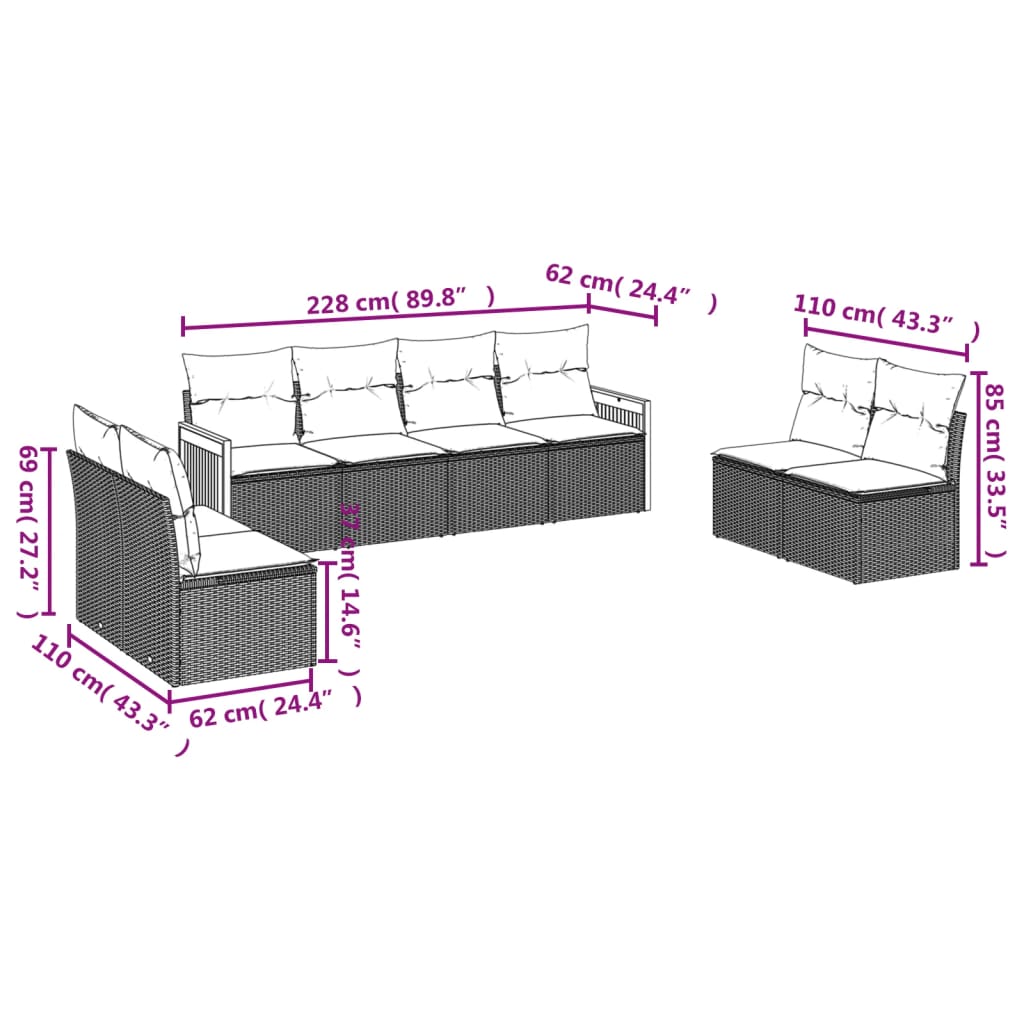 vidaXL 8-tlg. Garten-Sofagarnitur mit Kissen Schwarz Poly Rattan